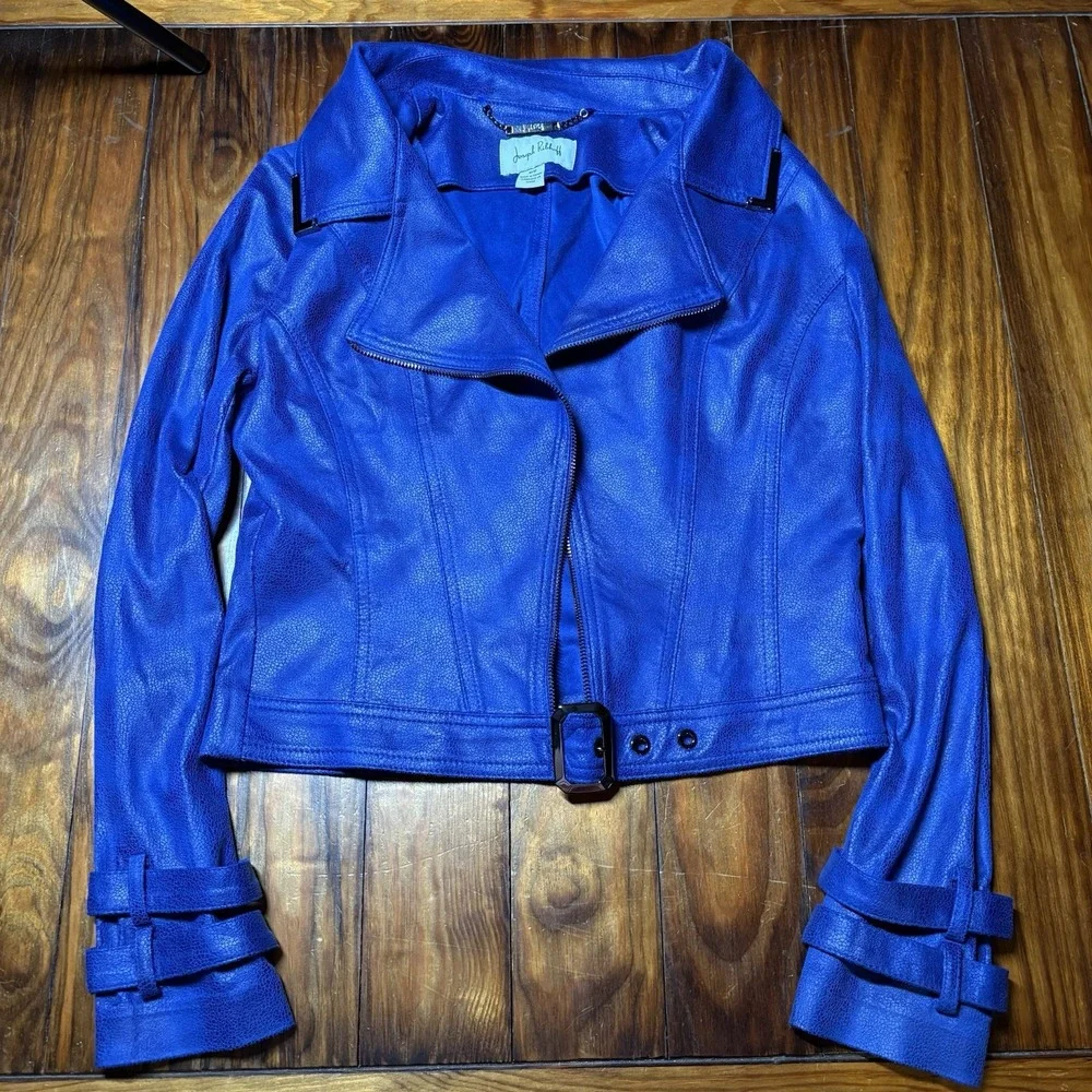 Joseph Ribkoff Sapphire Blue Faux Leather Moto Jacket Sz M A1084